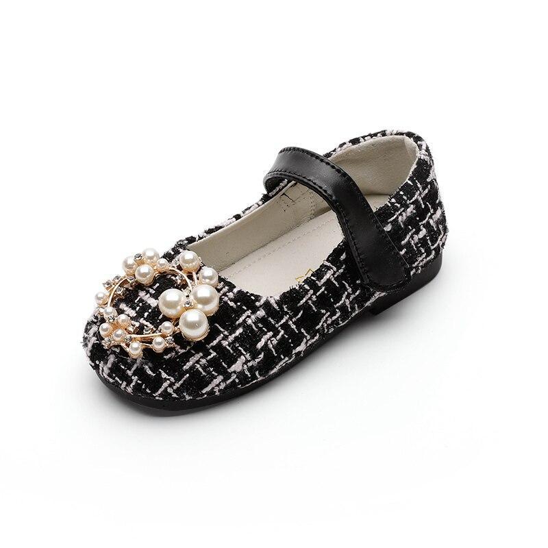 Kid Baby Girls Leather Shoes Fashion Grid Pearl Rhinestone Princess Shoes