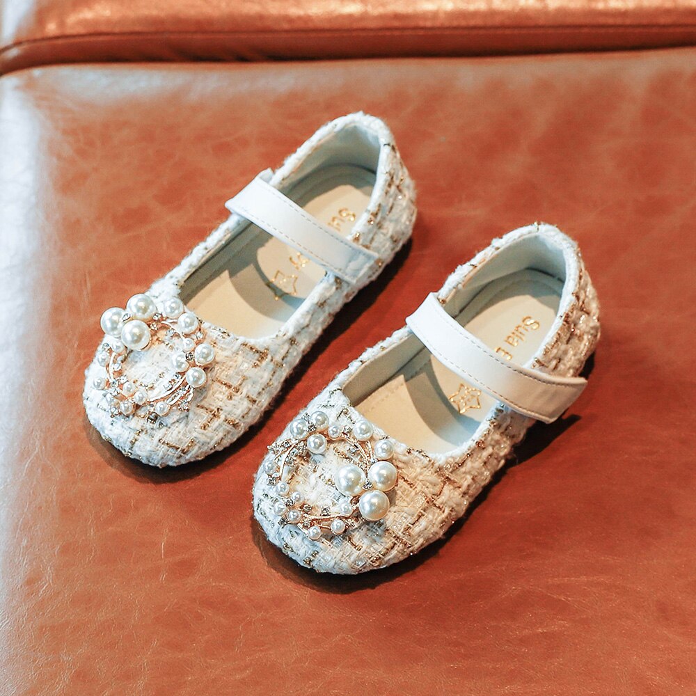 Girls Leather Shoes Fashion Grid Pearl Rhinestone Princess Shoes Flat Sneakers
