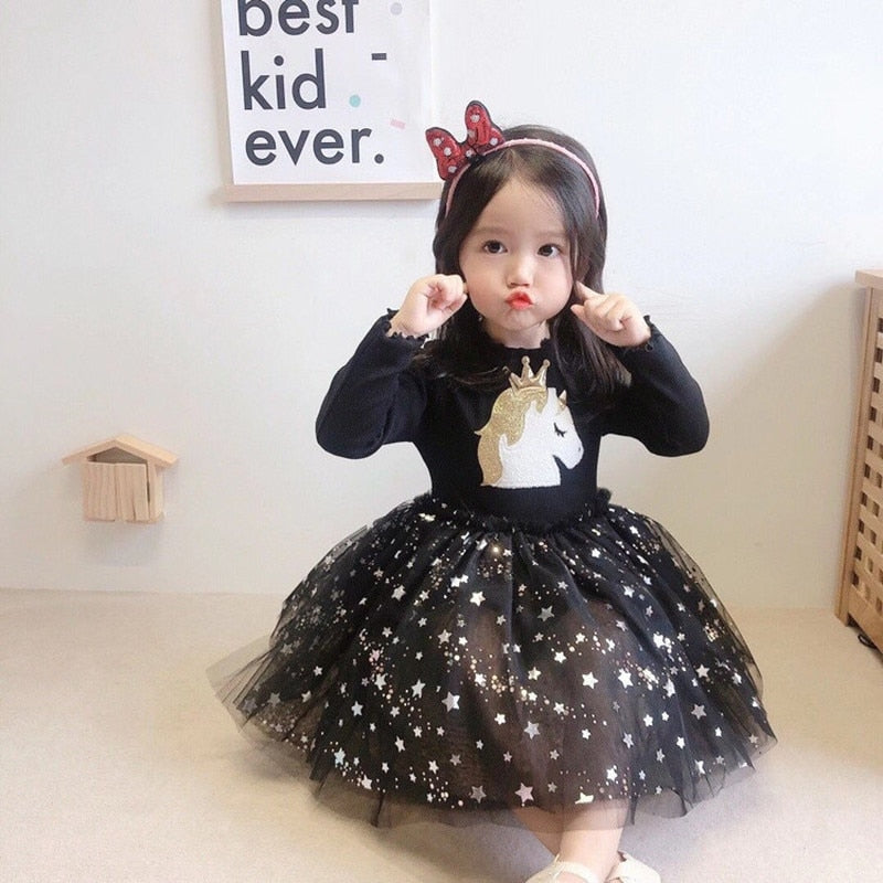 Girls Unicorn Star Sequins Cute Mesh Casual Dresse2-7 Years