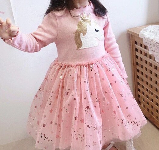 Girls Unicorn Star Sequins Cute Mesh Casual Dresse2-7 Years