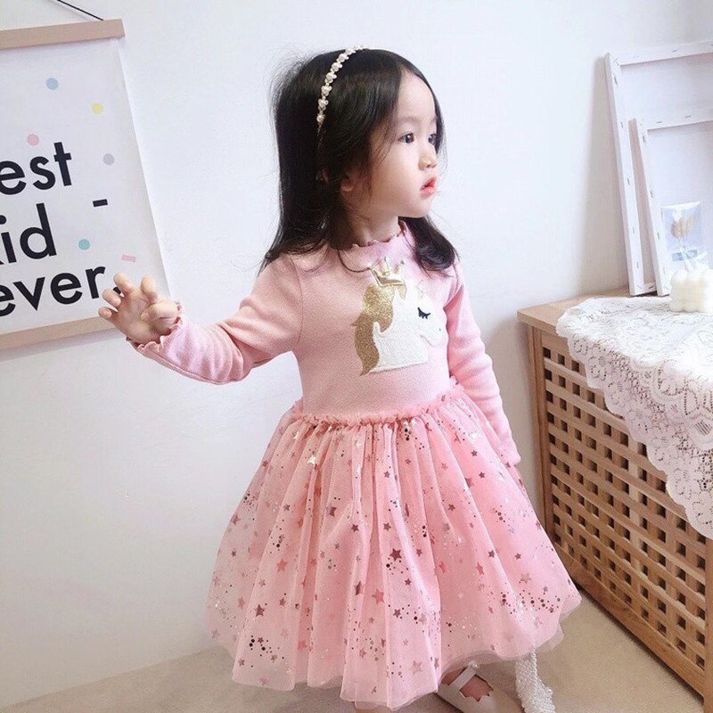 Girls Unicorn Star Sequins Cute Mesh Casual Dresse2-7 Years