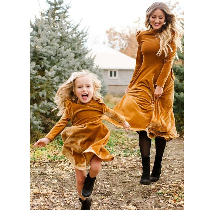 Autumn Mom Daughter Dress Solid Long Sleeve Family Matching Outfits