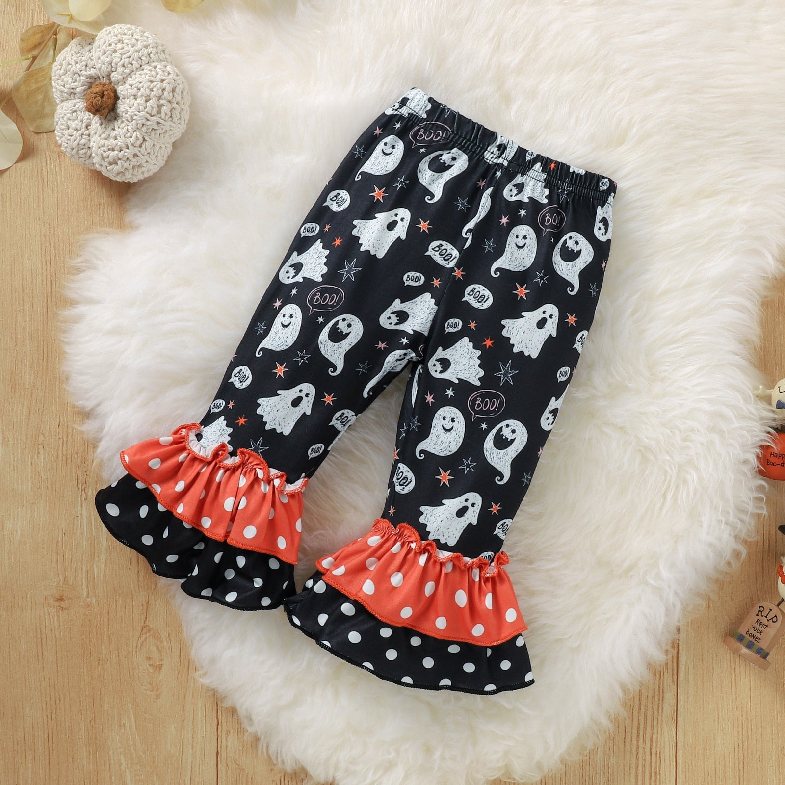 3M-3T Baby Halloween Outfits Pumpkin Print Ruffle Long Sleeve 2Pcs Sets