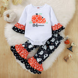 3M-3T Baby Halloween Outfits Pumpkin Print Ruffle Long Sleeve 2Pcs Sets