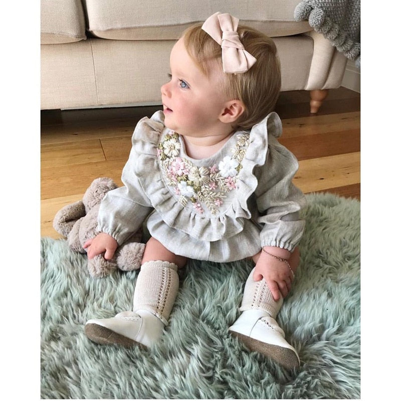 Baby Girls Long Sleeve Emboridery Flower Rompers Outfits Bodysuit