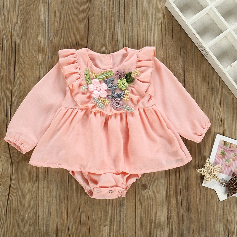 Baby Girls Long Sleeve Emboridery Flower Rompers Outfits Bodysuit