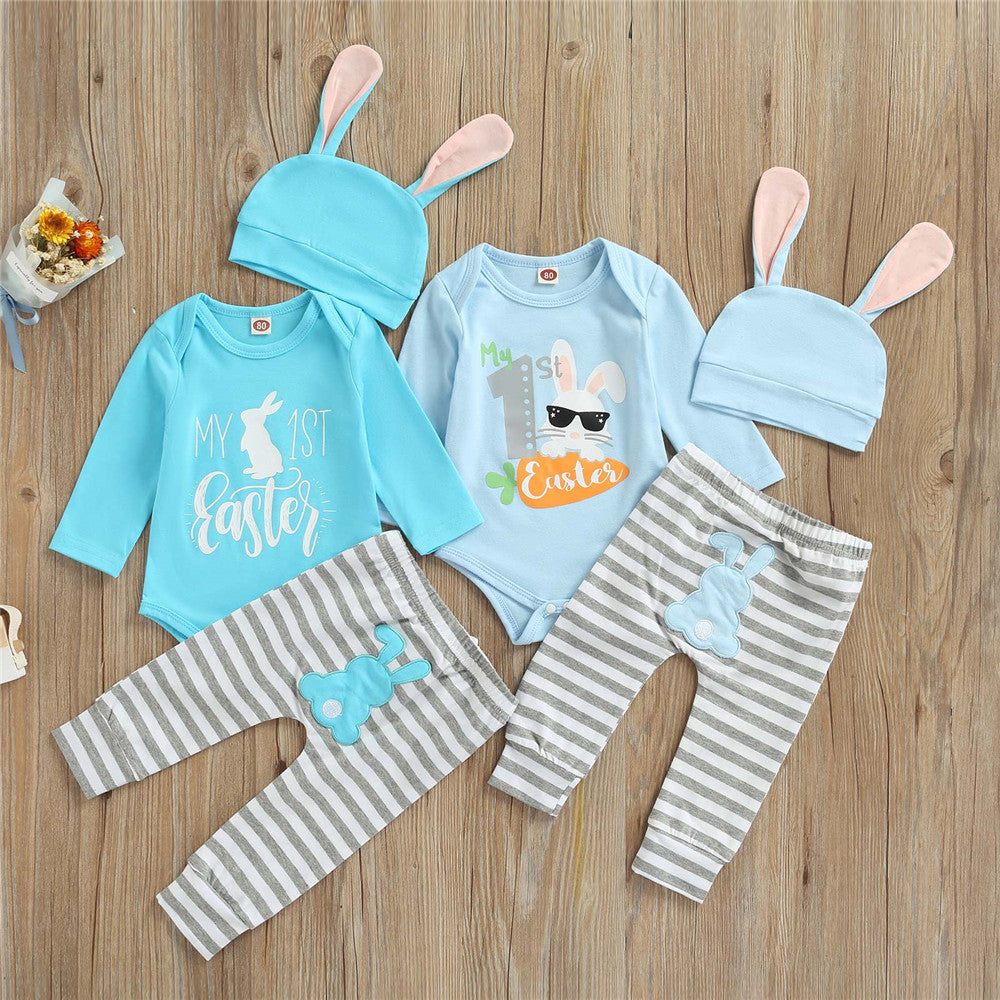 Baby Boy Easter Rabbit Print Bodysuit Striped 3 Pcs Sets