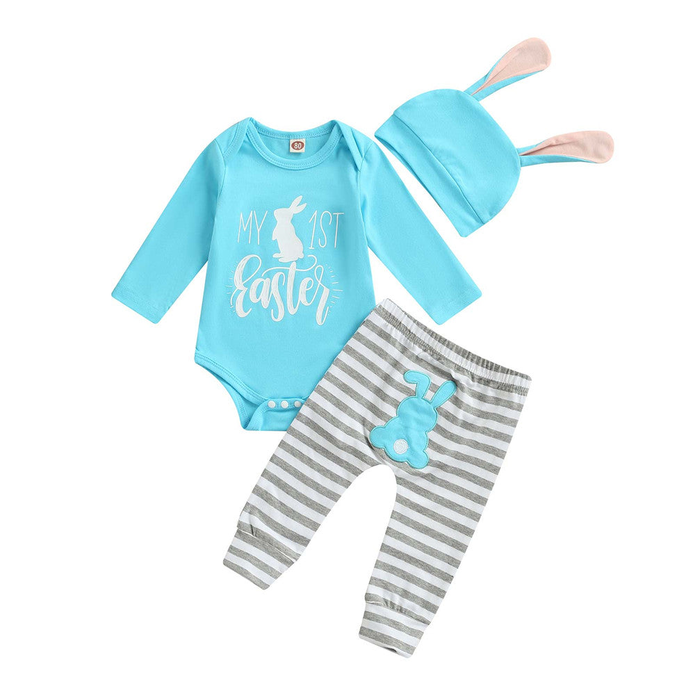 Baby Boy Easter Rabbit Print Bodysuit Striped 3 Pcs Sets