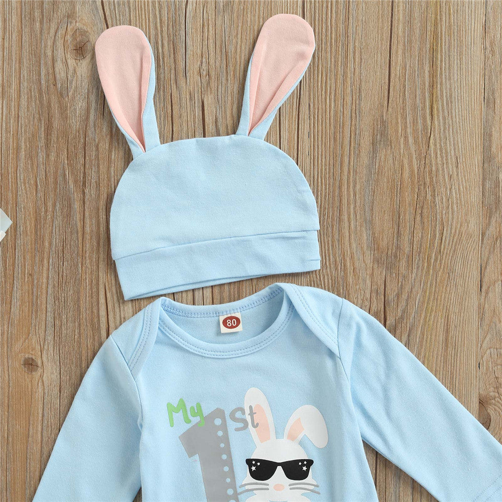 Baby Boy Easter Rabbit Print Bodysuit Striped 3 Pcs Sets
