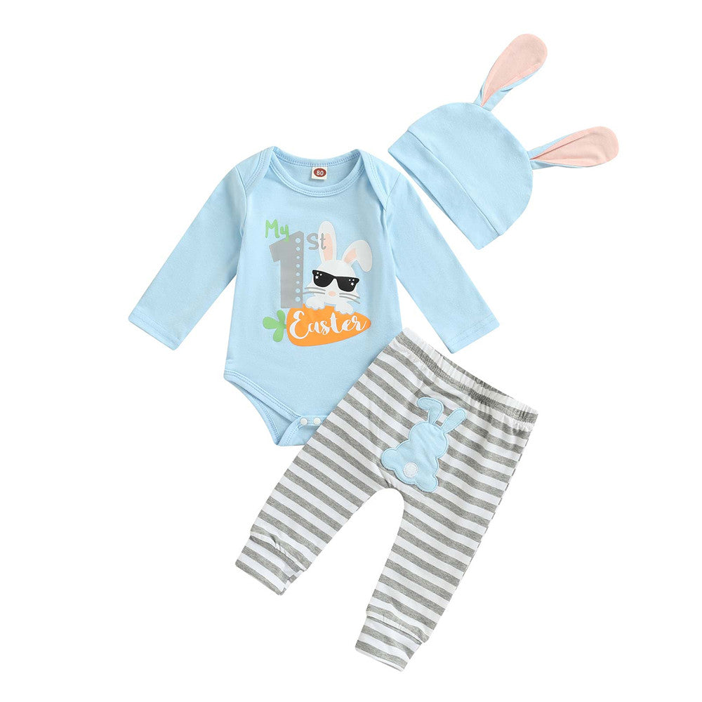 Baby Boy Easter Rabbit Print Bodysuit Striped 3 Pcs Sets