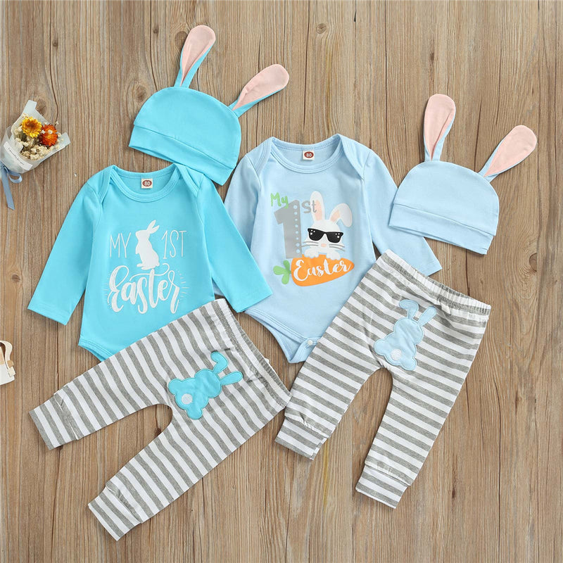 Baby Boy Easter Rabbit Print Bodysuit Striped 3 Pcs Sets