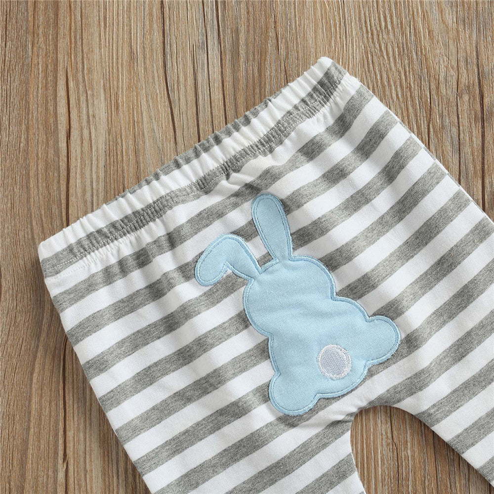 Baby Boy Easter Rabbit Print Bodysuit Striped 3 Pcs Sets