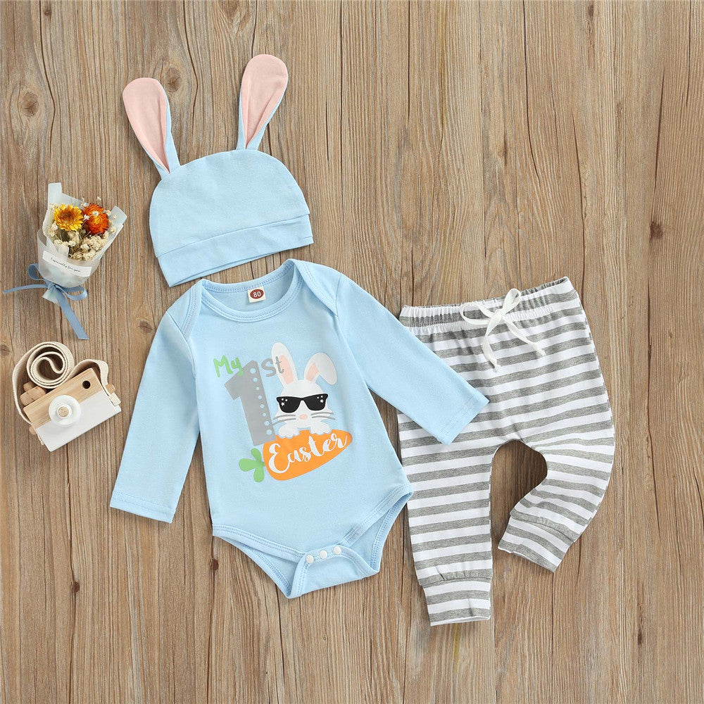 Baby Boy Easter Rabbit Print Bodysuit Striped 3 Pcs Sets