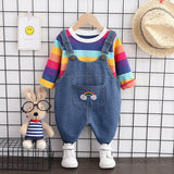 Kids Boy Girl Autumn Cotton Stripe Jacket Denim Bib 2Pcs/sets
