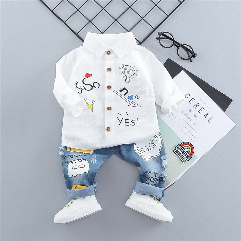 Kids Boys Girl Suits Print Jeans 2 Pcs Sets Costume