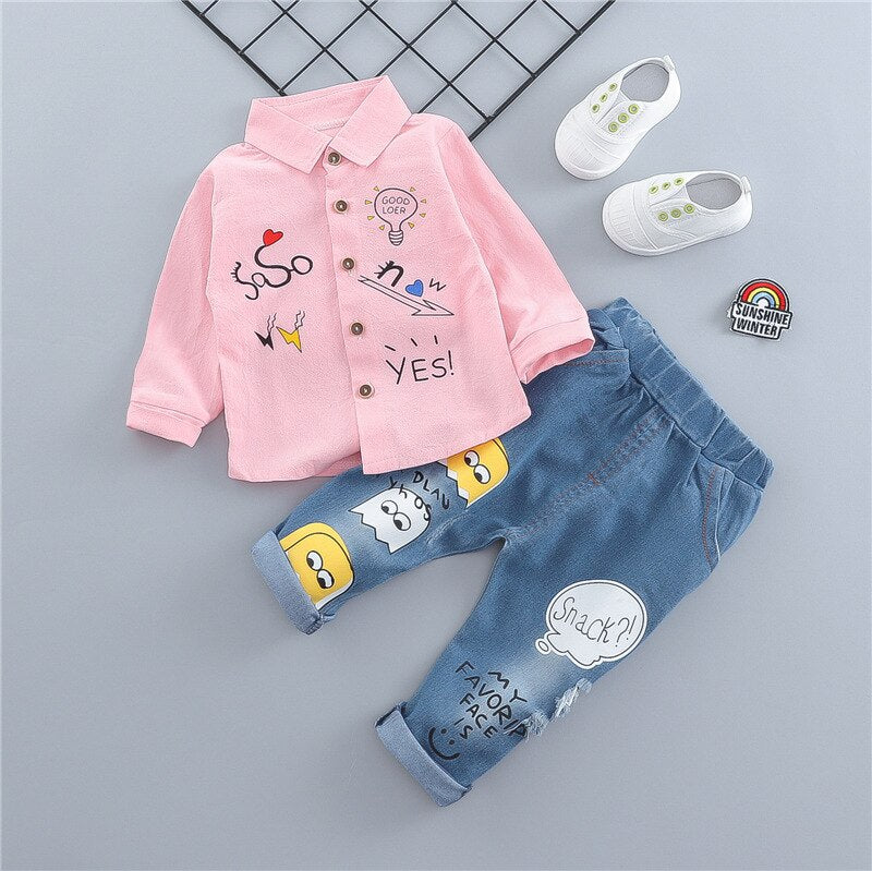 Kids Boys Girl Suits Print Jeans 2 Pcs Sets Costume