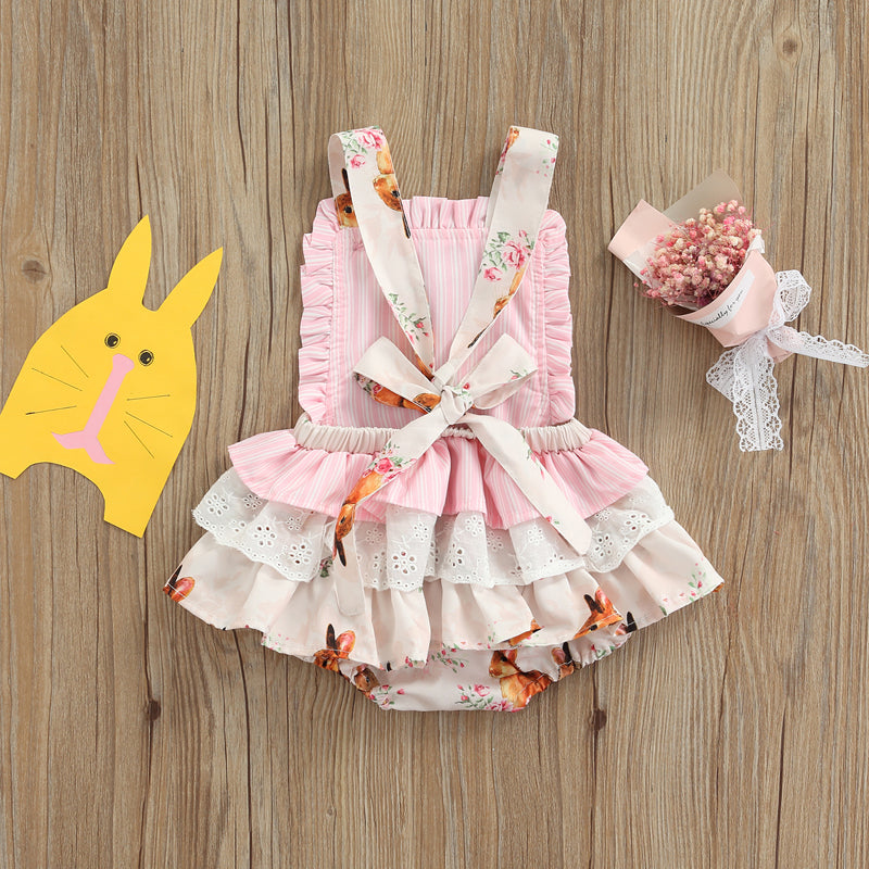 Baby Girl Jumpsuits Easter Rabbit Floral Print Sleeveless Ruffle Romper