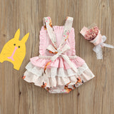 Baby Girl Jumpsuits Easter Rabbit Floral Print Sleeveless Ruffle Romper