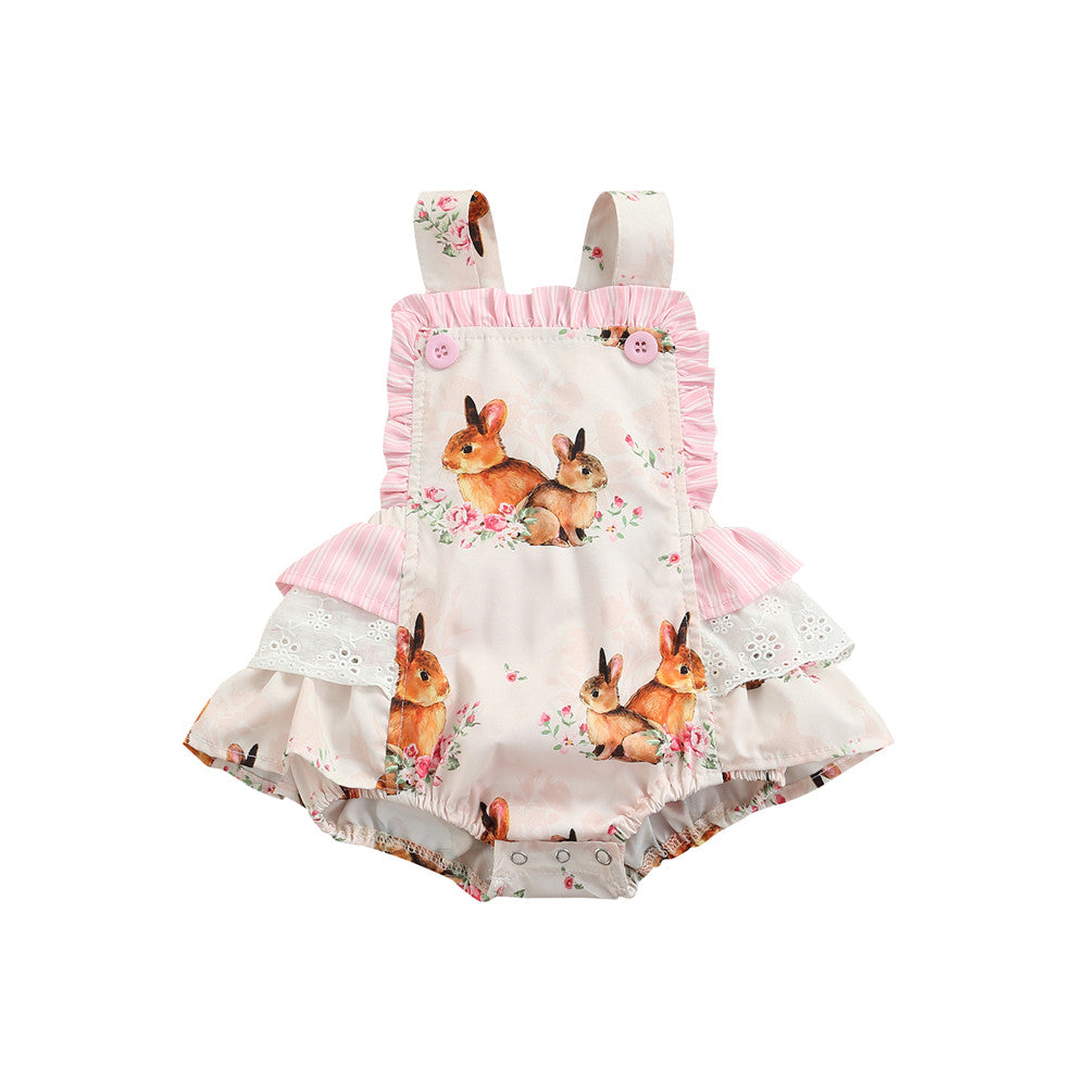 Baby Girl Jumpsuits Easter Rabbit Floral Print Sleeveless Ruffle Romper