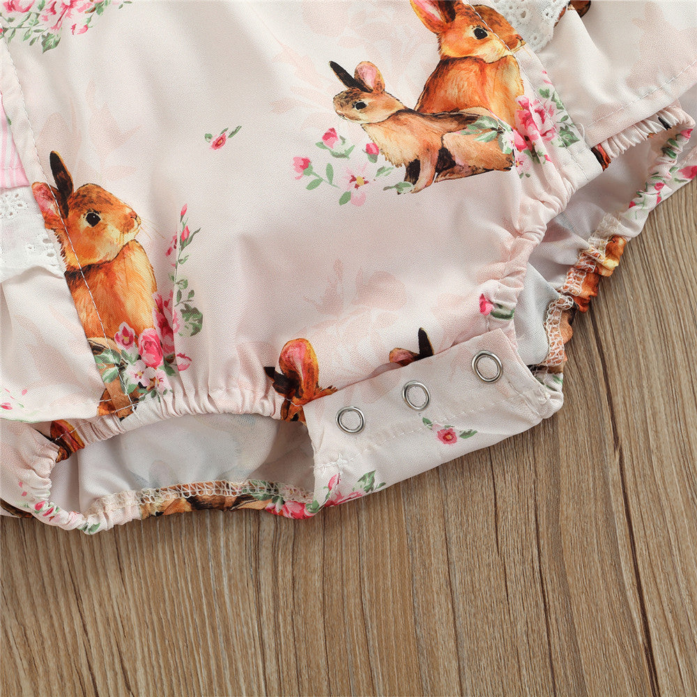 Baby Girl Jumpsuits Easter Rabbit Floral Print Sleeveless Ruffle Romper