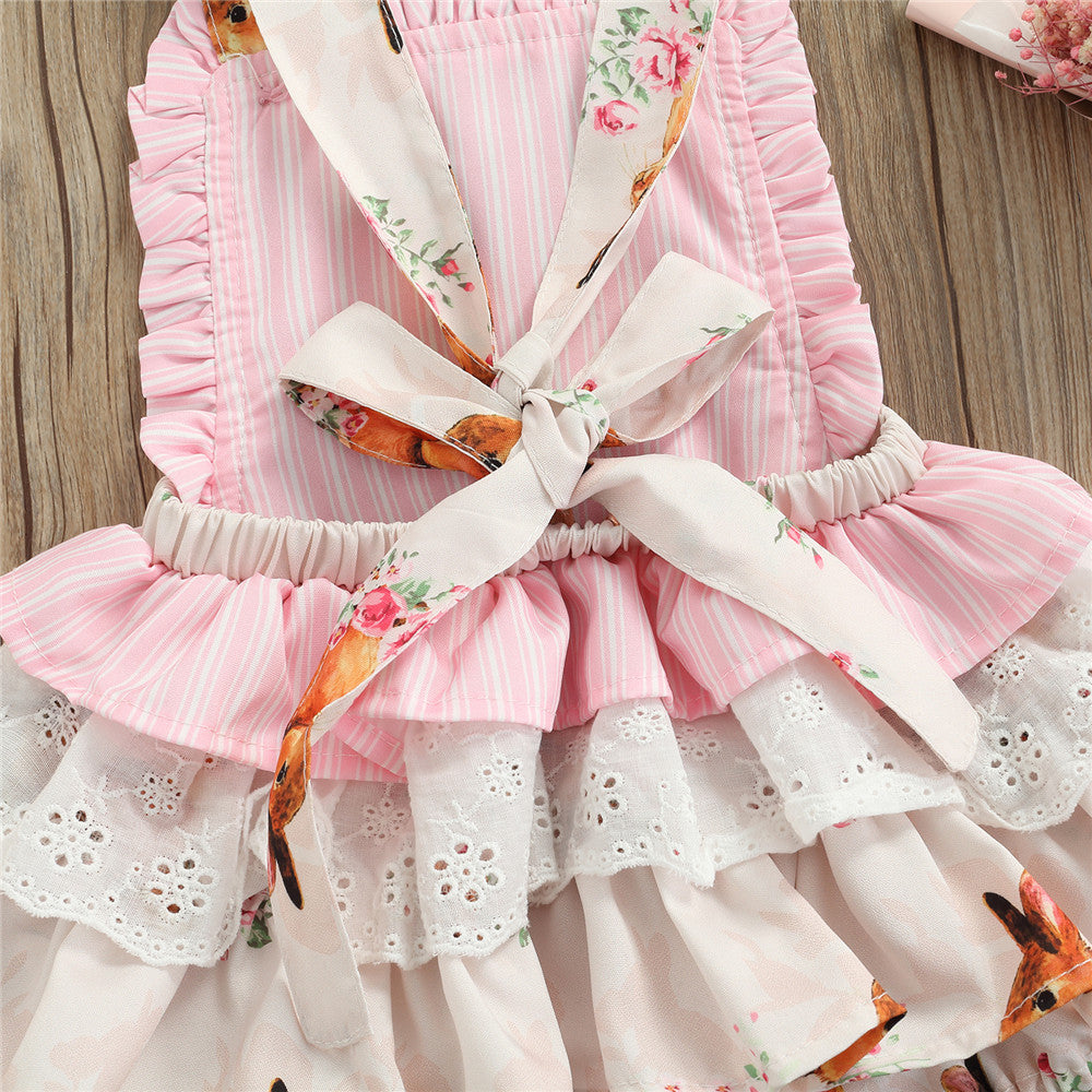 Baby Girl Jumpsuits Easter Rabbit Floral Print Sleeveless Ruffle Romper