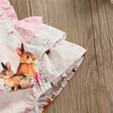 Baby Girl Jumpsuits Easter Rabbit Floral Print Sleeveless Ruffle Romper