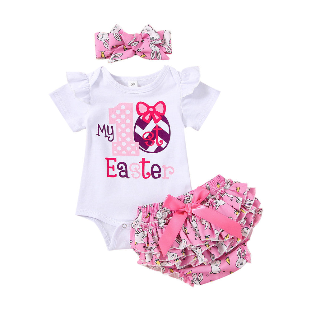 Baby Girl Easter Letter Bodysuit Rabbit 3 Pcs Sets