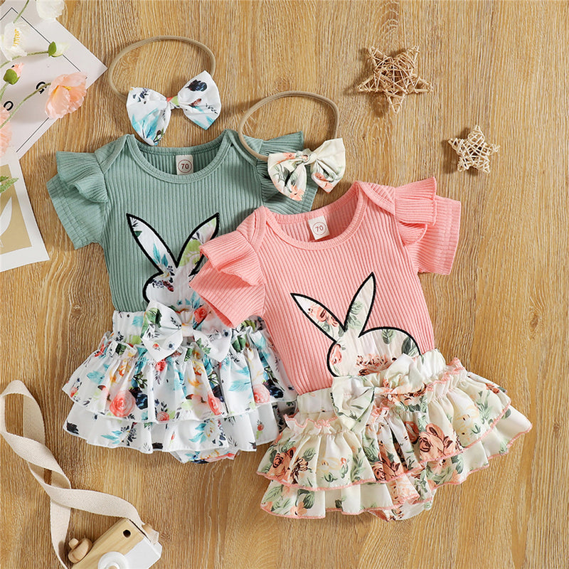 Baby Girl Easter Set Rabbit Bow Ruffle Bodysuit Romper