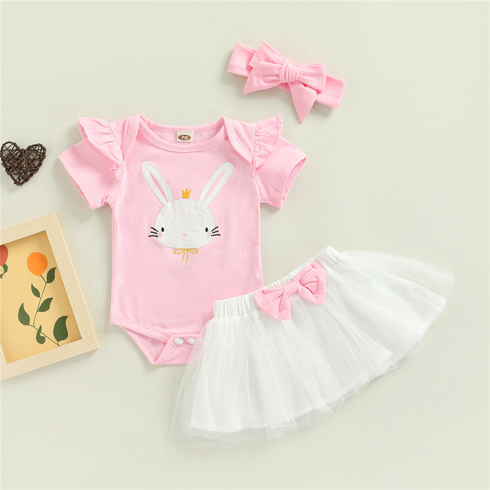 Baby Girl Easter Rabbit Bodysuit Bow Tulle Suits 3 Pcs Sets