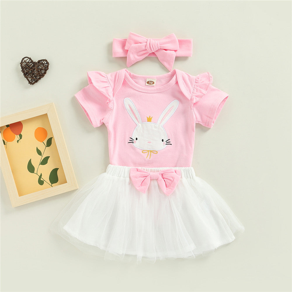 Baby Girl Easter Rabbit Bodysuit Bow Tulle Suits 3 Pcs Sets