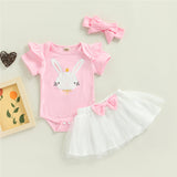 Baby Girl Easter Rabbit Bodysuit Bow Tulle Suits 3 Pcs Sets