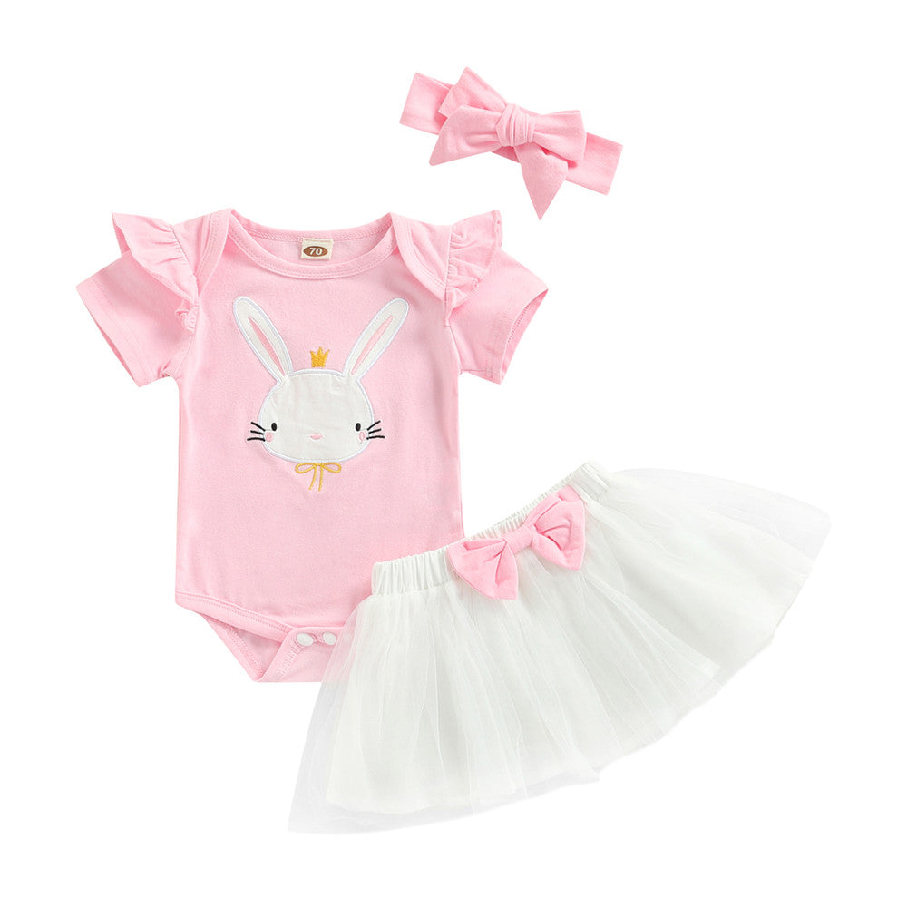Baby Girl Easter Rabbit Bodysuit Bow Tulle Suits 3 Pcs Sets