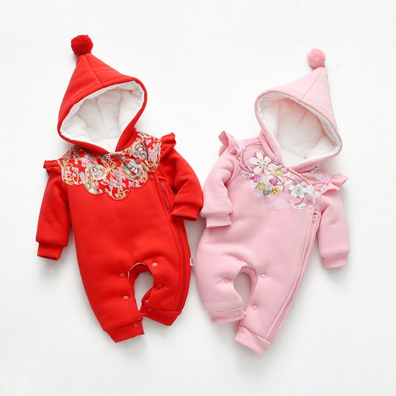 Baby Girl Hooded Romper Fleece Newborn Winter Sleepwear Romper Jumpsuit