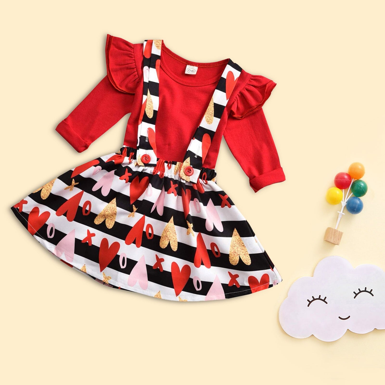 Baby Girls Long Sleeve Valentine Heart Print Tops+Suspender 2Pcs