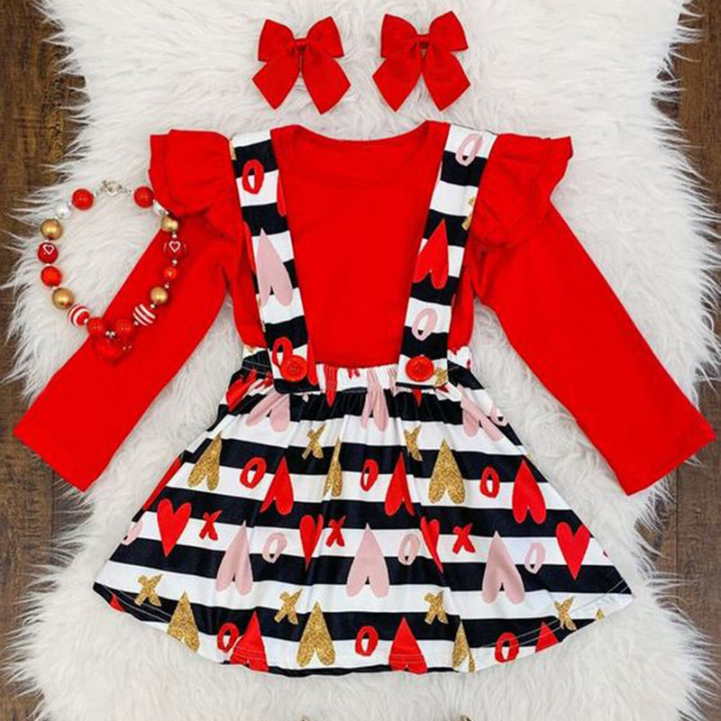 Baby Girls Long Sleeve Valentine Heart Print Tops+Suspender 2Pcs