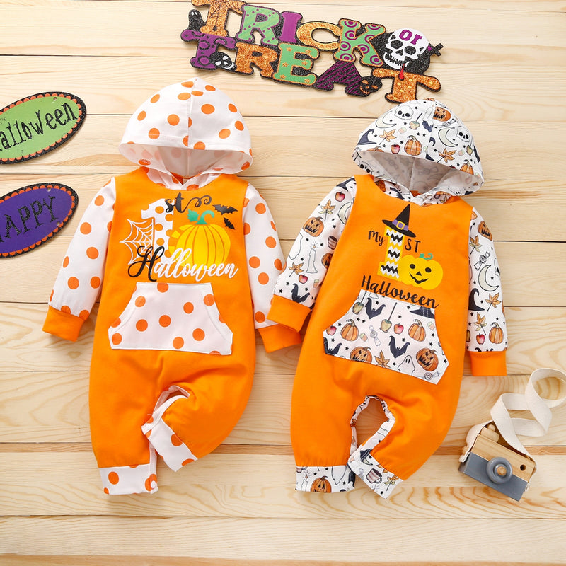 0-12M Baby Halloween Pumpkin Hooded Long Sleeves Romper