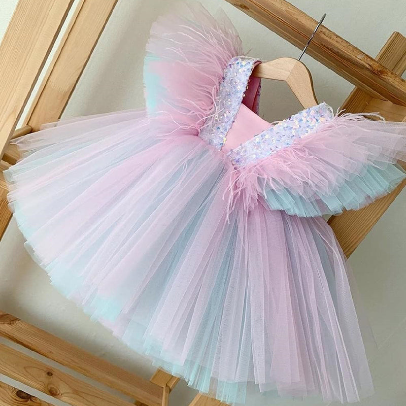 Kid Baby Girl V-neck Pageant Ball Gown Rainbow Fluffy Princess Dresses