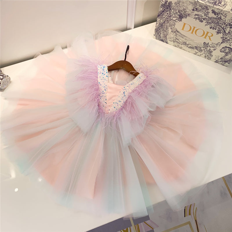 Kid Baby Girl V-neck Pageant Ball Gown Rainbow Fluffy Princess Dresses