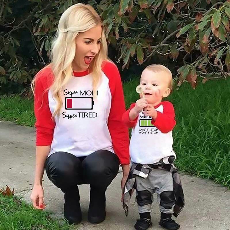 Battery Printed Dad Mom Daughter Son T-Shirts Family Matching Christmas Tops