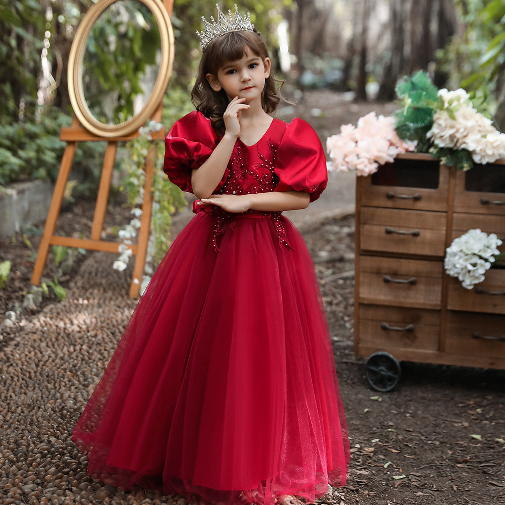 Kid Girls Wedding Party Beaded Flower Puff Sleeve Princess Pageant Dresses