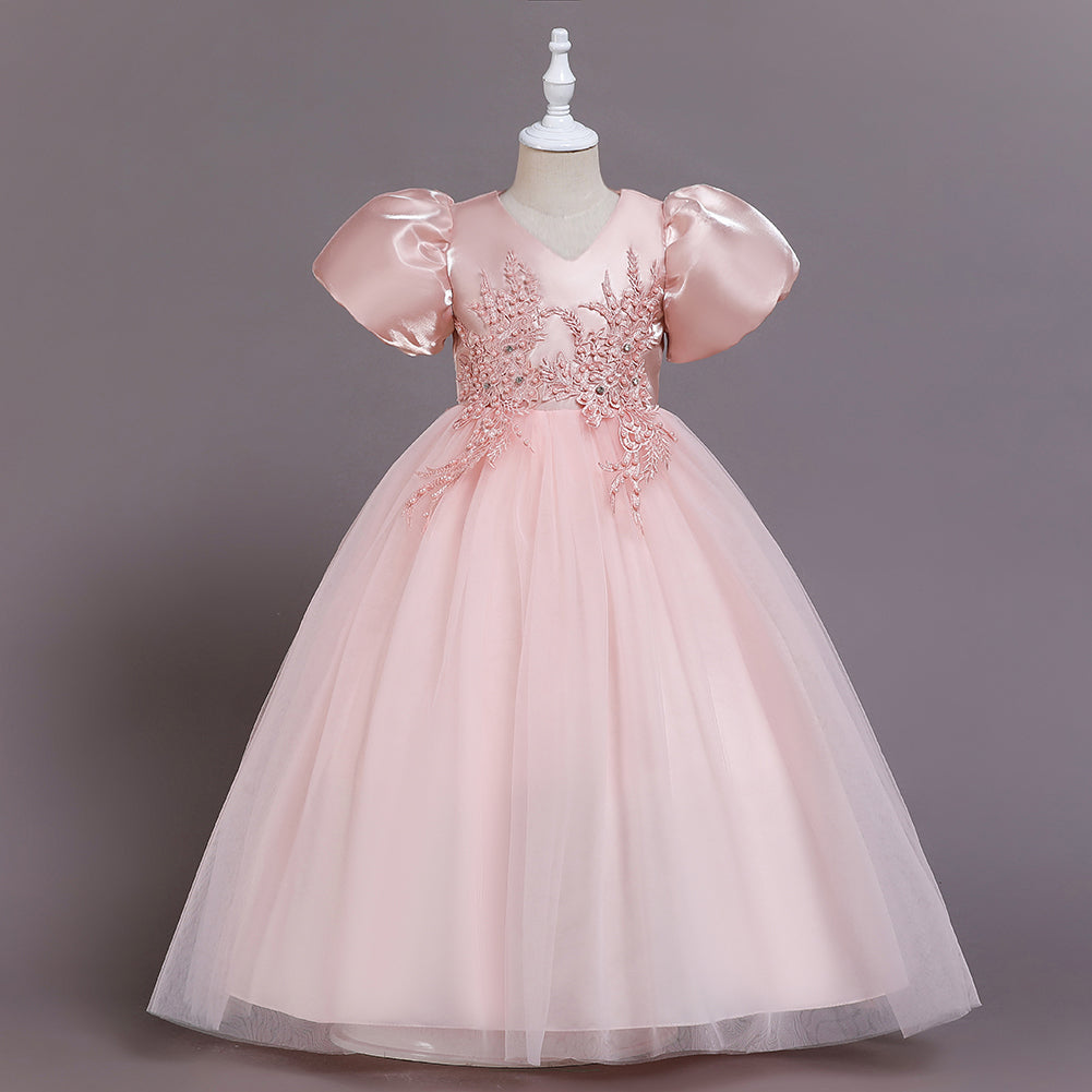 Kid Girls Wedding Party Beaded Flower Puff Sleeve Princess Pageant Dresses