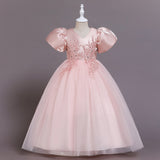 Kid Girls Wedding Party Beaded Flower Puff Sleeve Princess Pageant Dresses