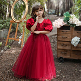 Kid Girls Wedding Party Beaded Flower Puff Sleeve Princess Pageant Dresses