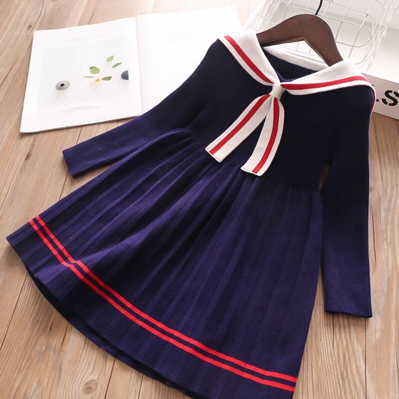 Girls Dress Cartoon Rabbit Sailor Collar New Knitted Preppy Dress 2-10 Years
