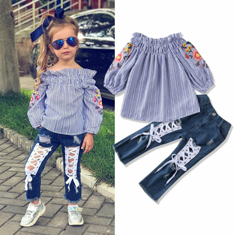 Kids Girls Off Shoulder Embroidered Tops+ Holes Denim Bottoms 2 Pcs 3-8Y