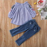 Kids Girls Off Shoulder Embroidered Tops+ Holes Denim Bottoms 2 Pcs 3-8Y