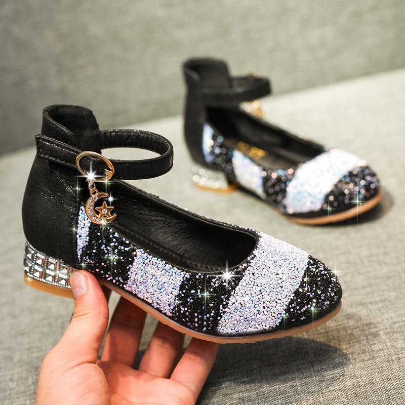 Girls Princess with Low Heel Sequin Mixed Rainbow Color Dance Party Shoes