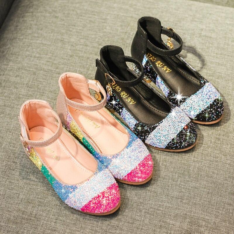 Girls Princess with Low Heel Sequin Mixed Rainbow Color Dance Party Shoes