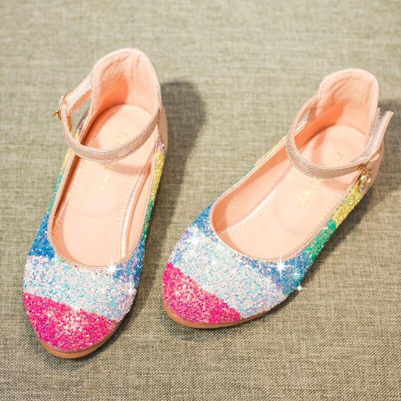 Girls Princess with Low Heel Sequin Mixed Rainbow Color Dance Party Shoes