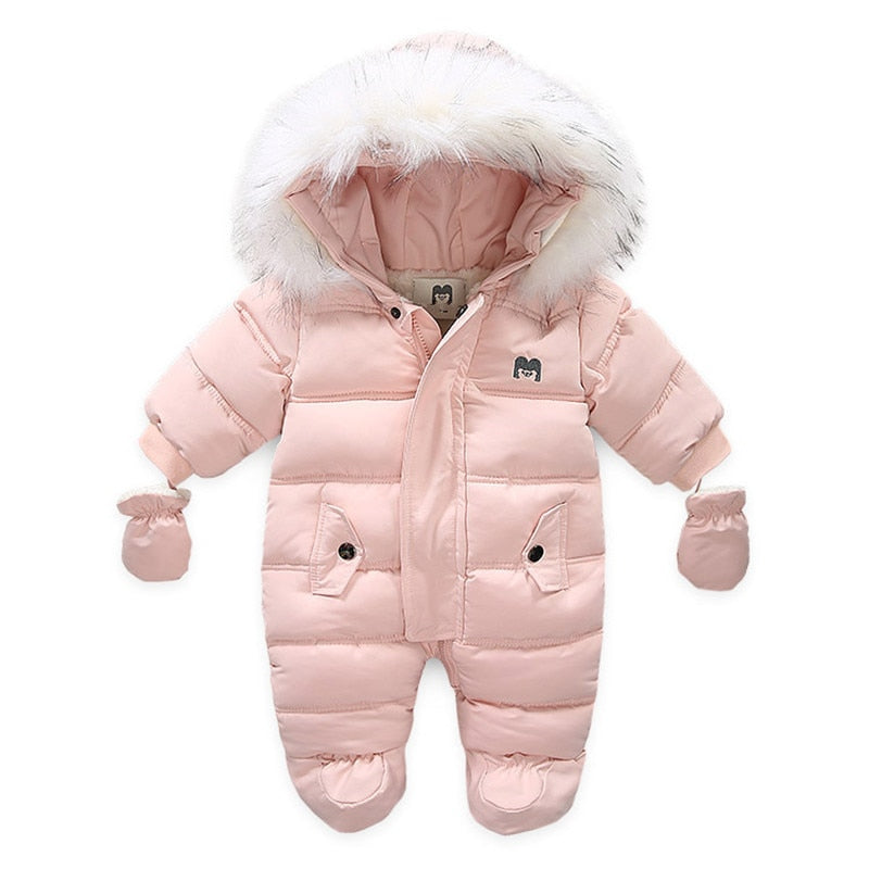 Kids Baby Winter Jumpsuit Fur Hood Snowsuit Ovealls Thick Rompers with Gloves